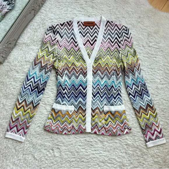 Missoni ZigZag Knit Cardigan Sweater Top 2025 White Crochet Chevron Multicolor - Picture 3 of 16